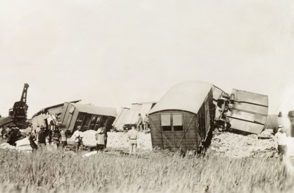 Derailment on the Kantara line. Railway carriages lay in a tangled heap on the Kantara line,