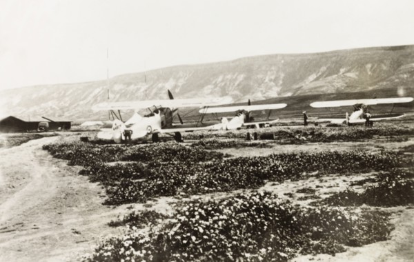 Royal Air Force biplanes, Palestine. Three Royal Air Force biplanes sit in an airfield in northern