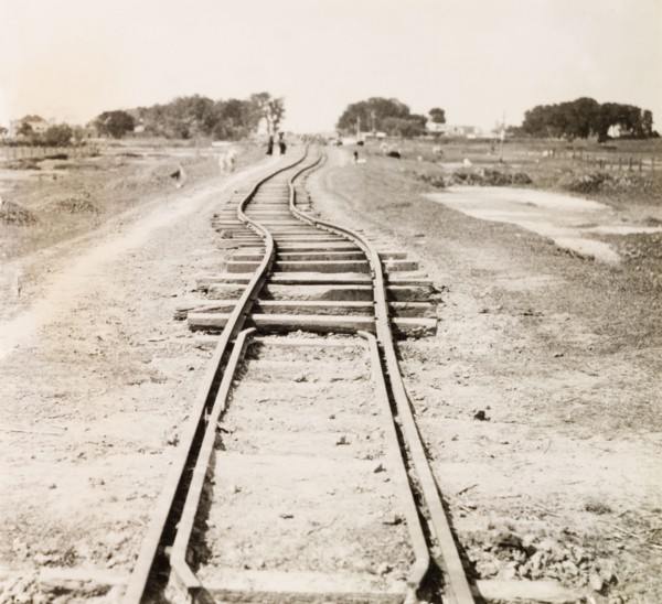 Railway track damaged by earthquake, Bihar. A section of buckled railway track, damaged by an