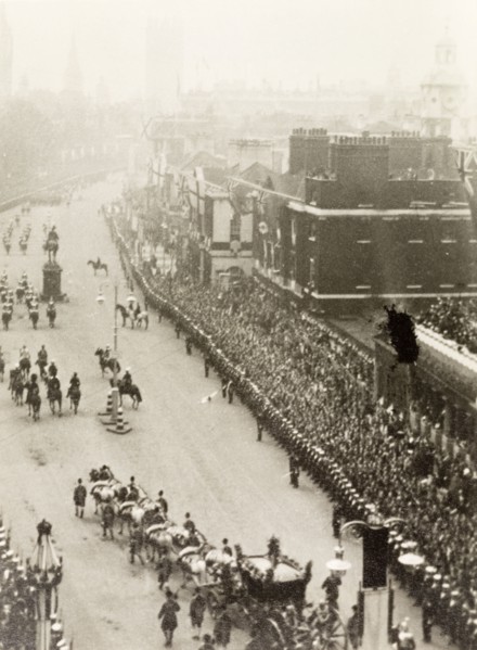 King George VI's coronation procession. Crowds of spectators line Whitehall to watch the coronation