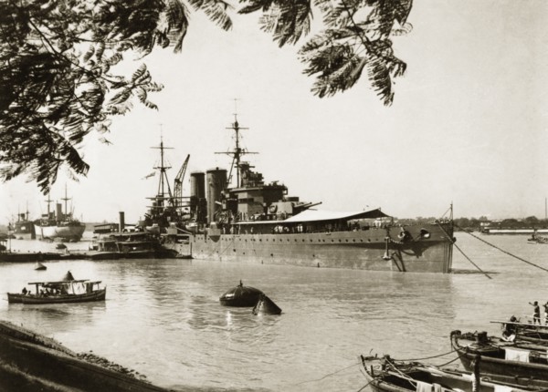 HMS Exeter at Garden Reach shipyard. View of British Royal Navy cruiser HMS Exeter, moored at