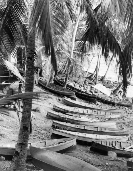 Fishing village near Roseau. Fishing canoes lie on a sandy beach at a village near Roseau.