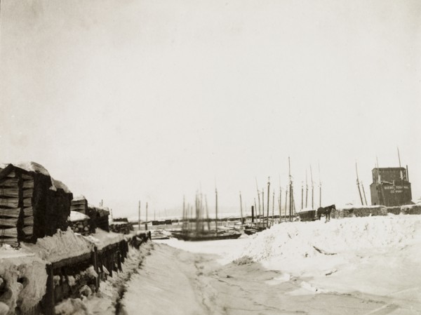 Frazer Docks, Quebec. View of the masts of sail boats neatly moored in rows at Frazer Docks.