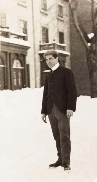 Mr Michaelson ice skating, Montreal. Full-length portrait of Mr Michaelson, who pauses for the