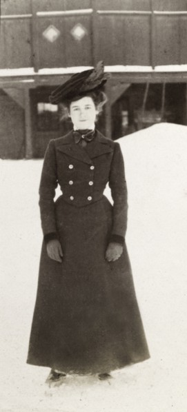 Annie Evan ice skating. Full-length portrait of Annie Evan, who pauses for the camera whilst ice