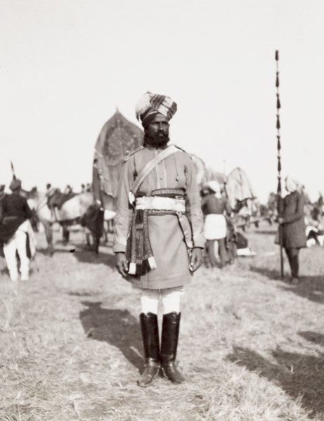 Sikh soldier at Coronation Durbar, 1903. A Sikh soldier of an Indian irregular cavalry unit stands