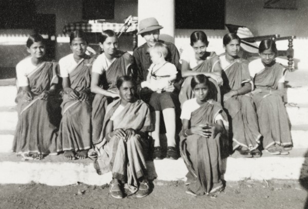 Chikmagalur Girl Guides. Group portrait of the Chikmagalur Girl Guides seated on the steps of a
