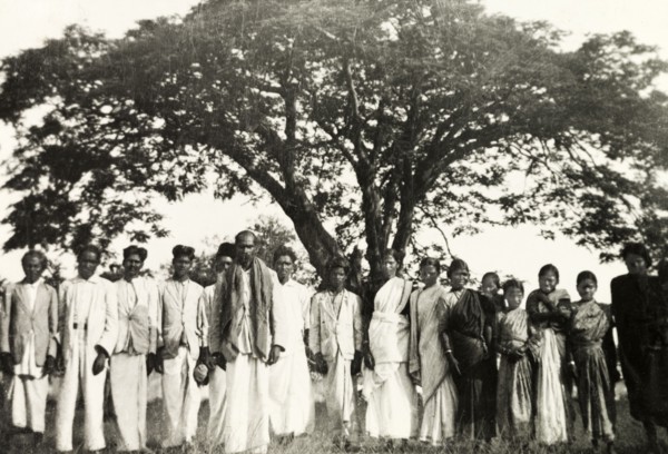 Methodist baptism ceremony, India. Group portrait of a Methodist congregation at 'Doopadcool