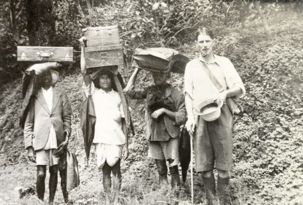 Trekking in the Baba Budan Giri mountains. Reverend Norman Sargant and three Indian porters trek
