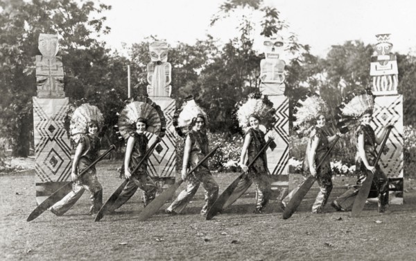 Chorus line act at a garden party. Members of the cast of 'Flying Fragments' performed by the