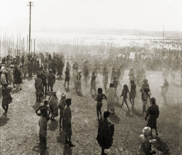 Triveni Sagam at the Ardh Kumbh Mela. Thousands of Hindu pilgrims descend on the Triveni Sangam