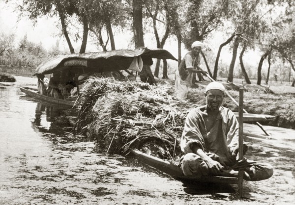 A canal dredger in Srinagar. A canal dredger sits cross-legged on the bow of a long canoe, which is