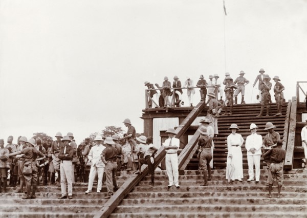 British colonial officers in solatopi hats. A group of British colonial officers, dressed in