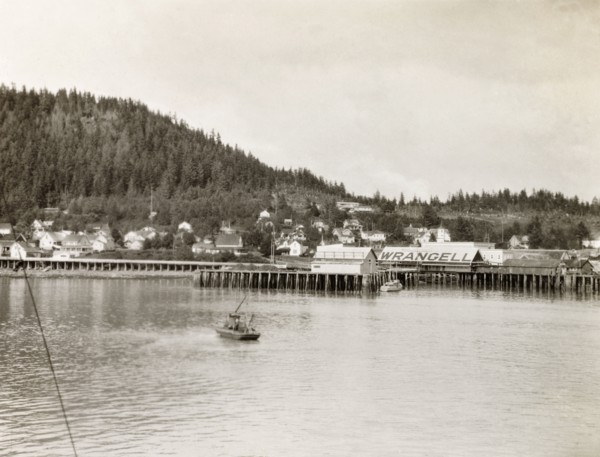 Wrangell pier, Alaska. A wooden pier stretches into the waters of the Zimovia Strait at the coastal