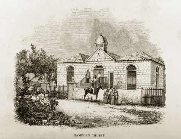 Hampden Presbyterian Church, Jamaica. A woodcut illustration of Hampden Presbyterian Church on the