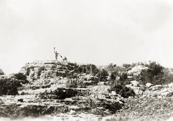 Semaphore signalling, Palestine. A British officer of the Royal Corps of Signals uses semaphore