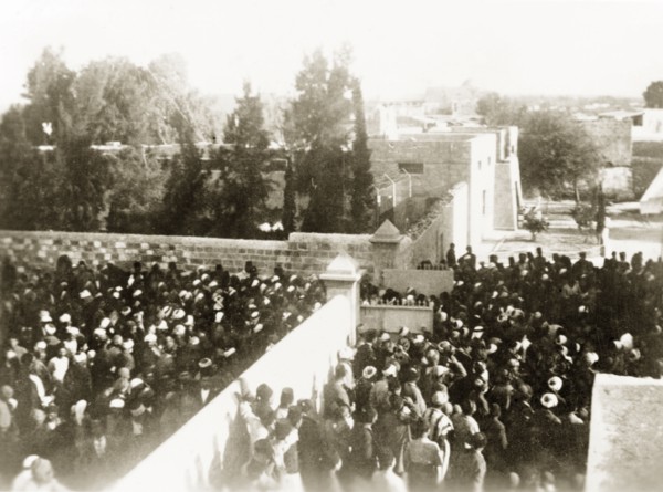 Arab procession in Gaza, 1938. Crowds of Palestinian Arabs throng the streets of Gaza during the