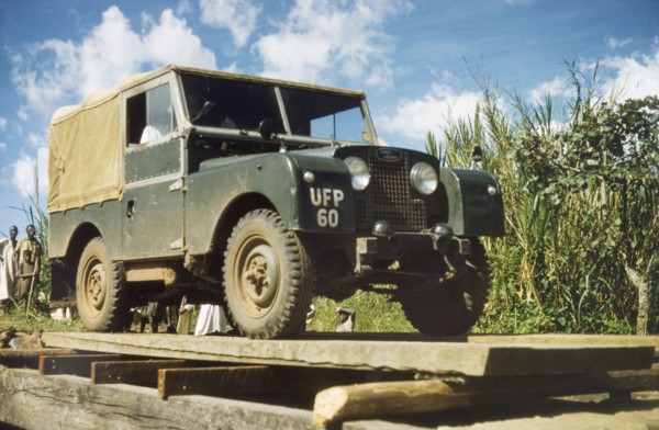 James Lang Brown tests a bridge. District Forestry Officer James Lang Brown drives a Land Rover