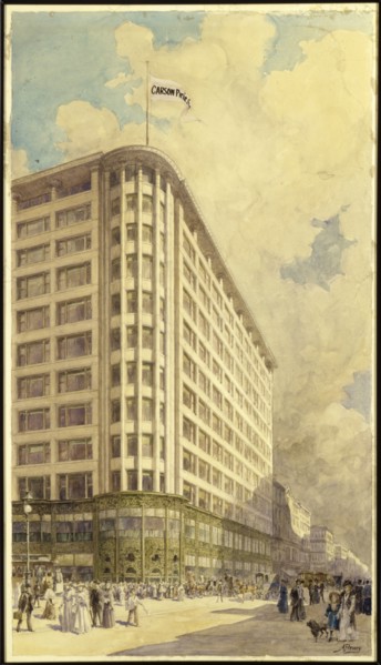Watercolor painting of Carson Pirie Scott flagship store 1903. Created by Albert Fleury