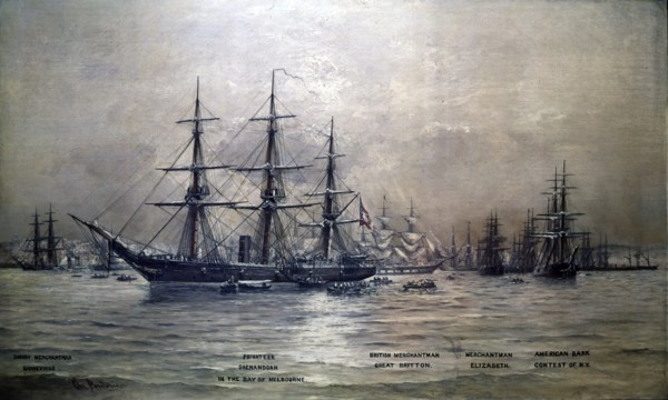 Confederate States Cruiser Shenandoah in the harbor of Melbourne, Australia, 1865.  Created by