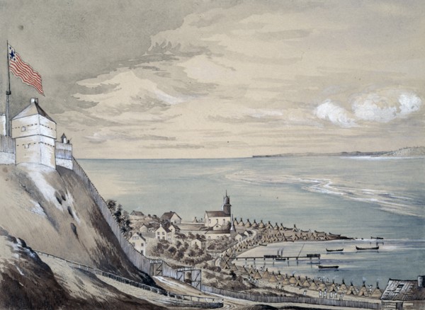 Fort and village of Mackinaw, with the Indian encampment, 1842.  Created by Ainslie, Henry Francis