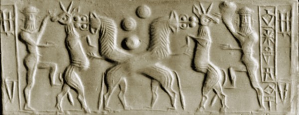 Cylinder seal depicting two crossed lions attacking a horned creature while the bearded hero, conventionally identified as Gilgamesh, assists