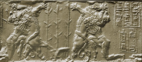 cylinder seal depicting the naked hero, Gilgamesh wrestling with a lion