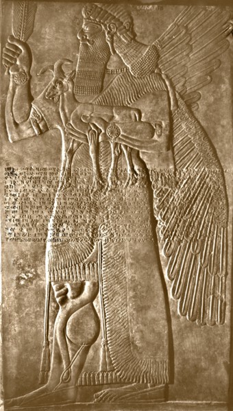Winged protective spirit carrying an ibex (goat) and an ear of corn