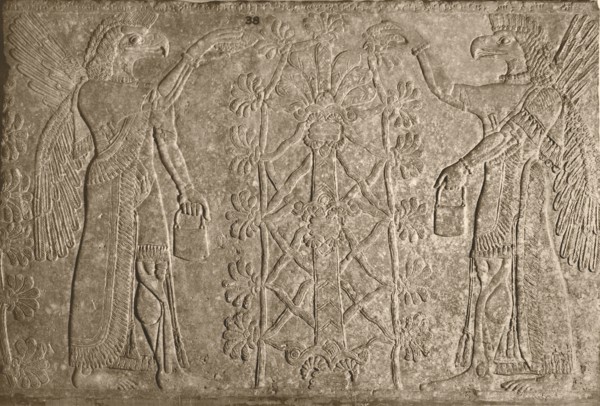 Two eagle headed, winged protective spirits sprinkle the sacred tree with incense using pine shaped sprinklers