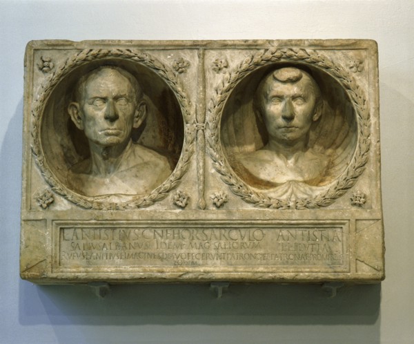 Part of the funerary monument of Lucius Antistius Sarculo, a free born Roman priest of the Salian order and his wife and freedwoman, Antistia Plutia