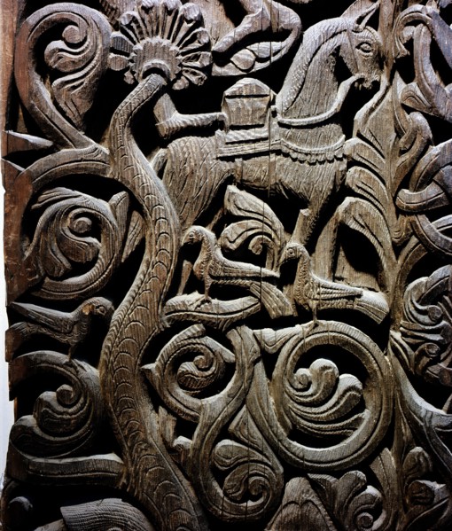 Detail of a carving from a stave church portal illustrating the story of Sigurd