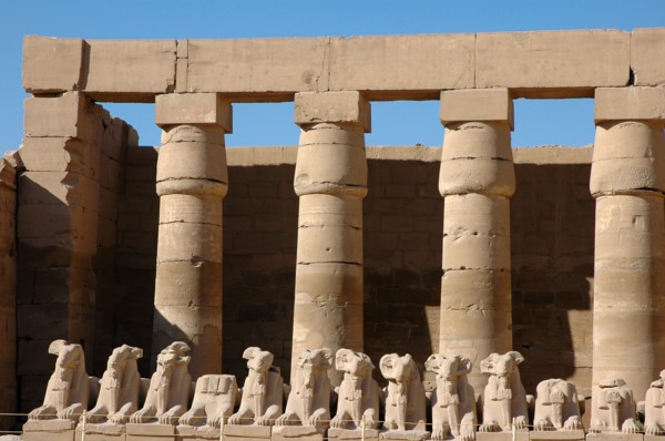 Ram headed sphinxes with statuettes of Ramesses II between their legs