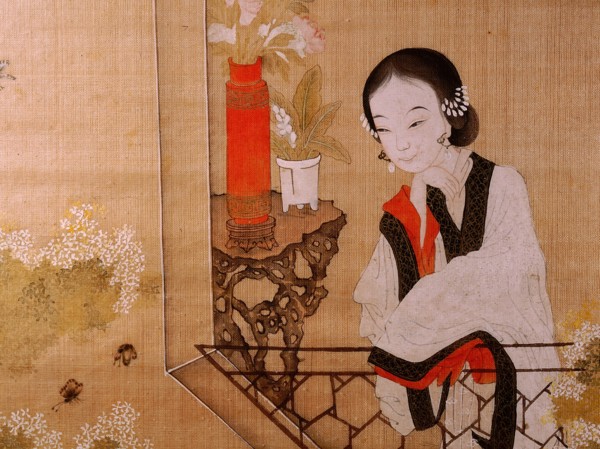 Painting of a woman on a balcony