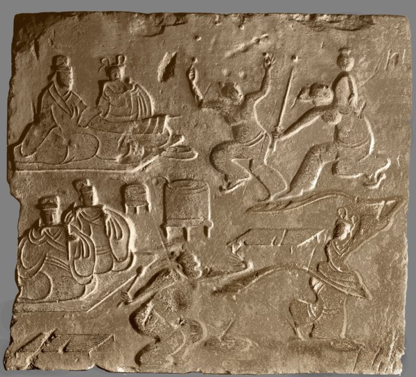 Brick from a tomb structure impressed with scenes of entertainment