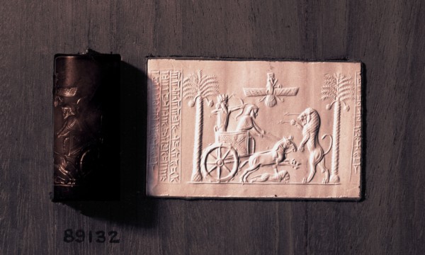 Cylinder seal and impression depicting the Great King Darius in a chariot hunting lions