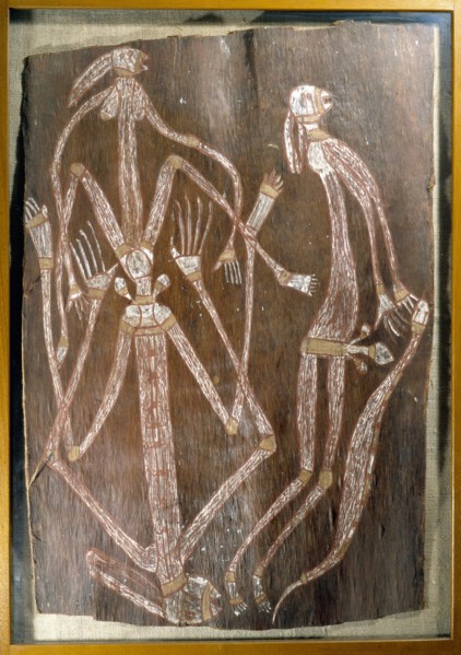 Aboriginal bark painting depicting a copulating couple and a snake