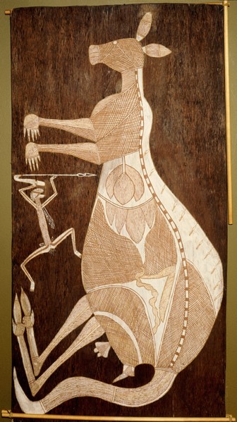 Bark painting in X ray style depicting a kangaroo and a hunter