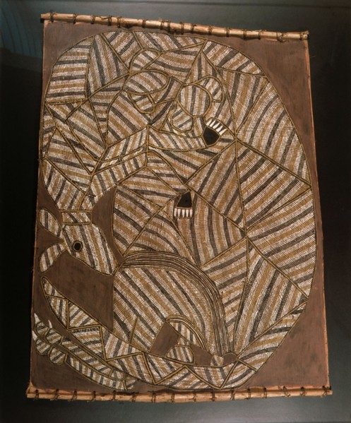 Bark painting in X ray style depicting a kangaroo