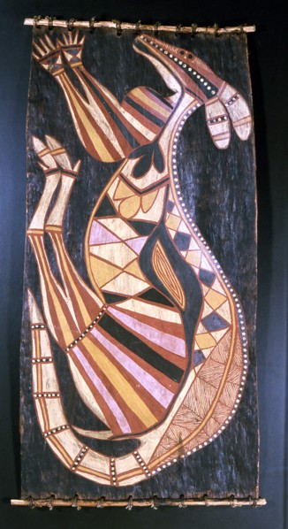 Bark painting in X ray style depicting a kangaroo