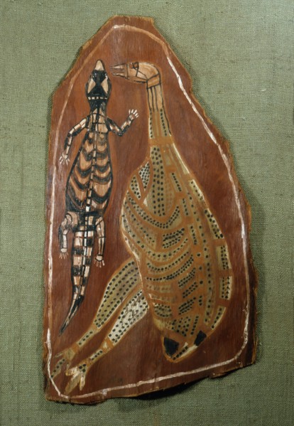 Aboriginal bark painting depicting a lizard and an emu