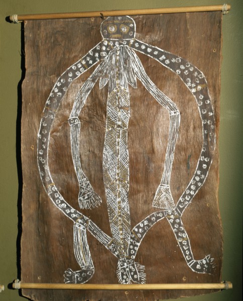 Bark painting depicting an exaggerated and distorted female figure