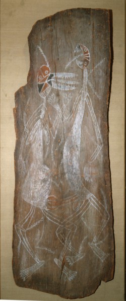 Aboriginal bark painting thought to date from the pre contact era, depicting two figures