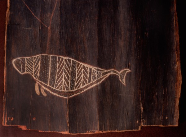 Detail showing whale from an Aboriginal bark painting depicting a whaling group