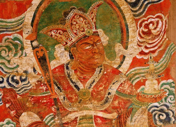 Painting (detail) of the Buddhist guardian king Vaisravana, a late Tang painting said to have come from the temples at Kucha, to the west of Turfan, along the northern route of the Silk Road