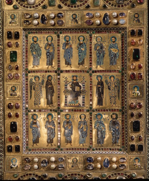 Detail of the outer container of a reliquary of the True Cross, one of the rich  est and most elaborate ensembles of Byzantine enamels to have survived the sack of Constantinople in 1204