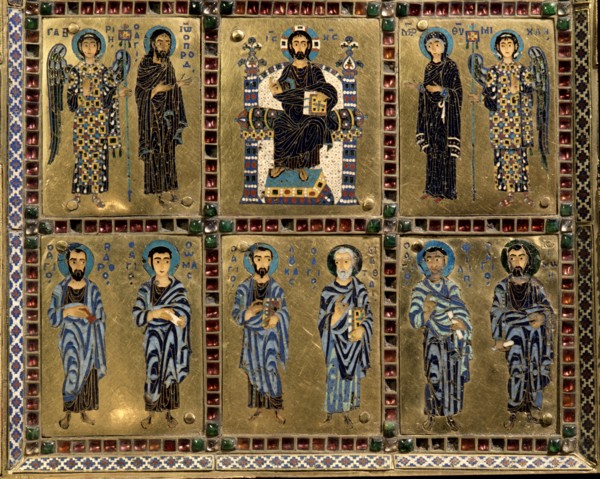 A detail of the centre and bottom row of enamels at the centre of the outer container of a reliquary of the True Cross, one of the richest and most elaborate ensembles of Byzantine enamels to have sur...