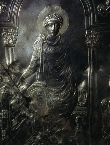 A detail of the Missorium of Theodosius showing Theodosius enthroned