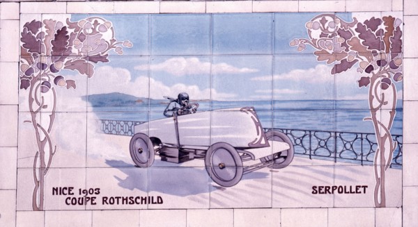 Decorative tile of famous racing car of the time which used Michelin tyres