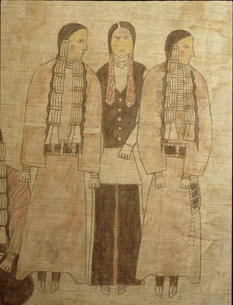 A cloth painting depicting a parade, a Sun Dance ceremony and scenes from daily life