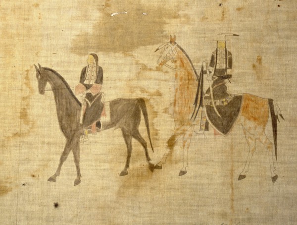 A cloth painting depicting a parade, a Sun Dance ceremony and scenes from daily life